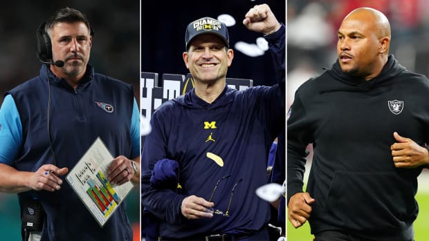 Separate photos of Mike Vrabel, Jim Harbaugh and Antonio Pierce
